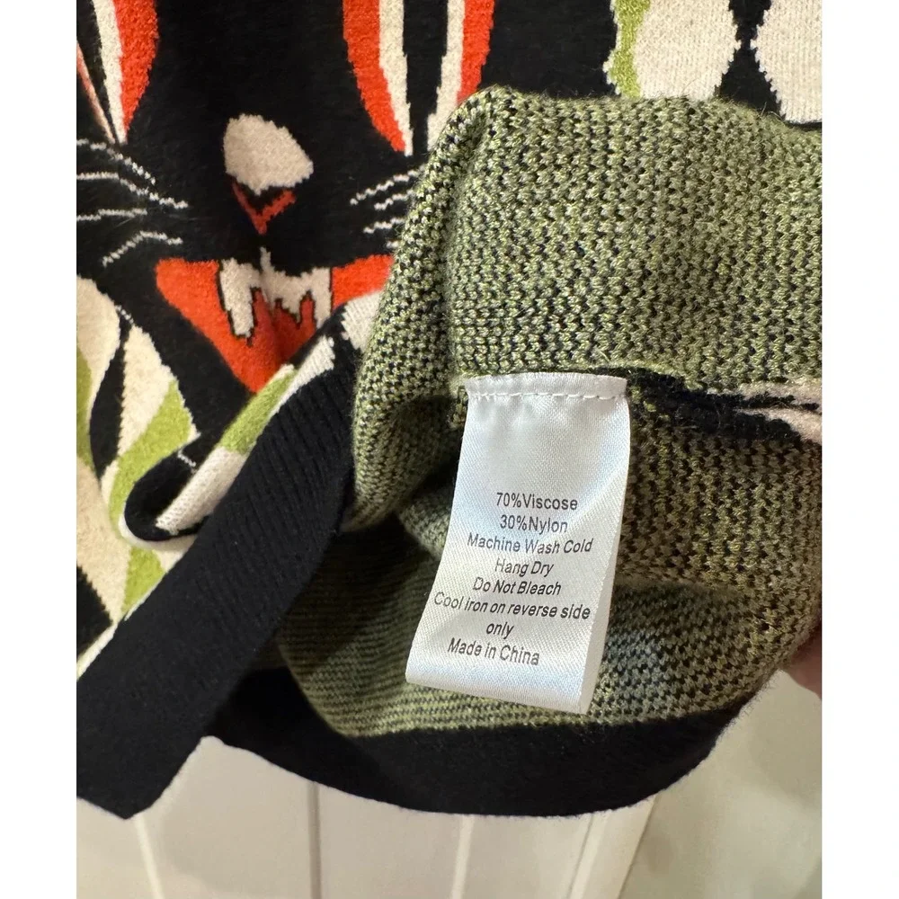 The Oblong Box Shop Black Cat Argyle Sweater XL Green Black Retro Rockabilly